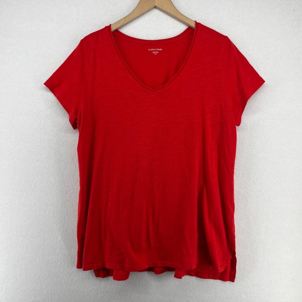 EILEEN FISHER Top L Organic Cotton Slub Jersey Rolled V-Neck Cap Sleeve Red